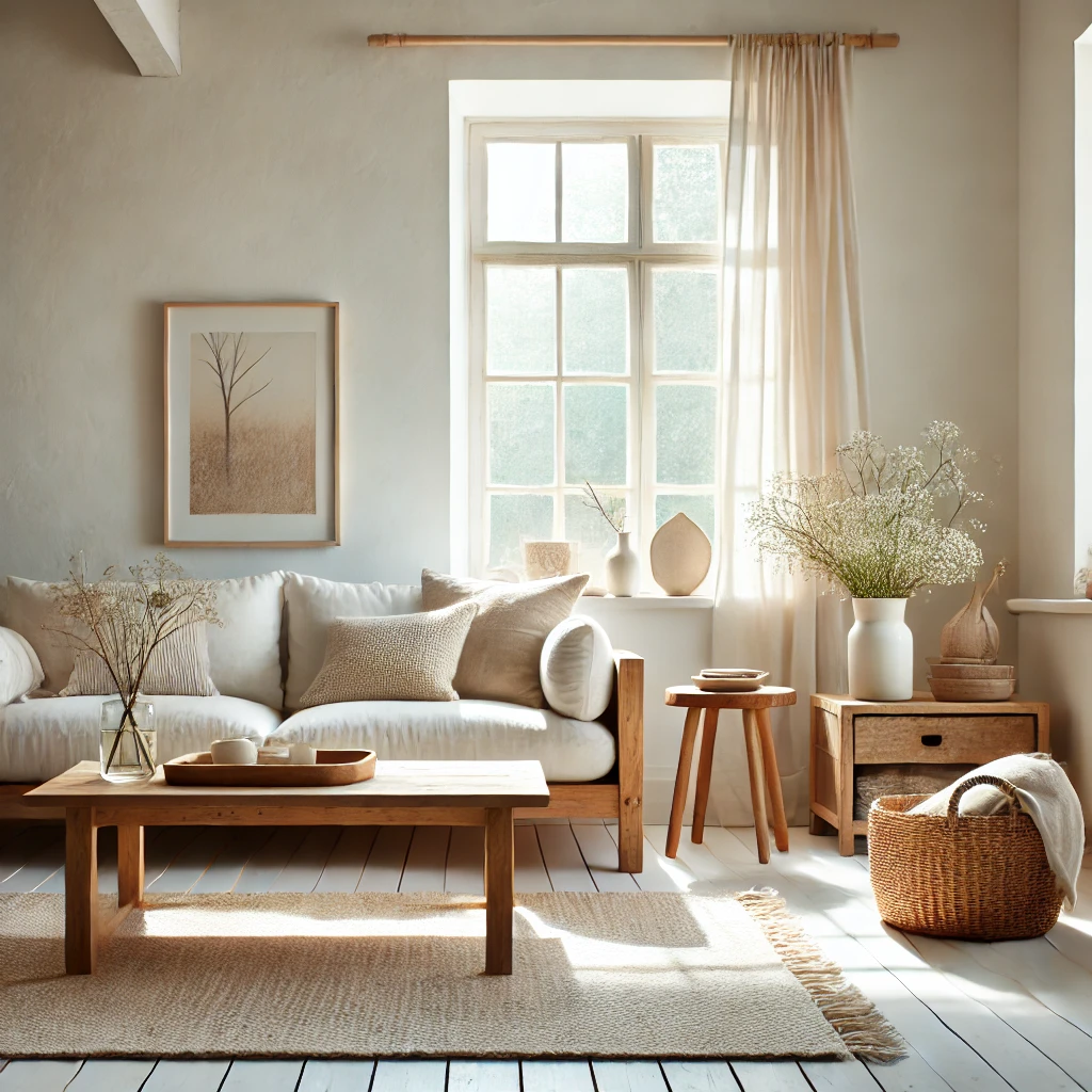  A bright living space with white walls and wooden furniture