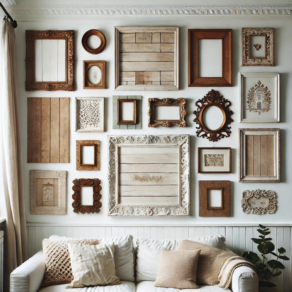 a cozy living room with white-painted walls adorned with vintage picture frames