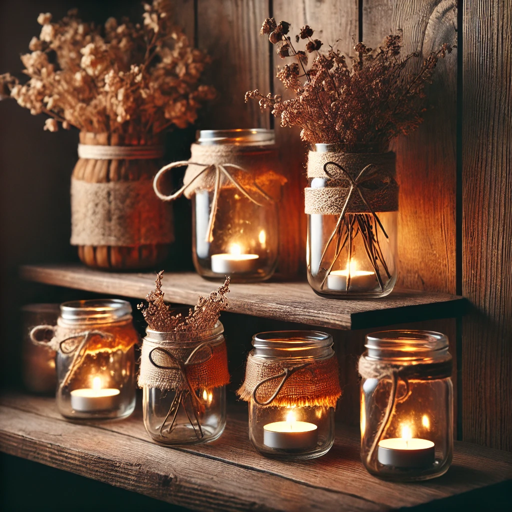 DIY mason jar lanterns on a wooden shelf