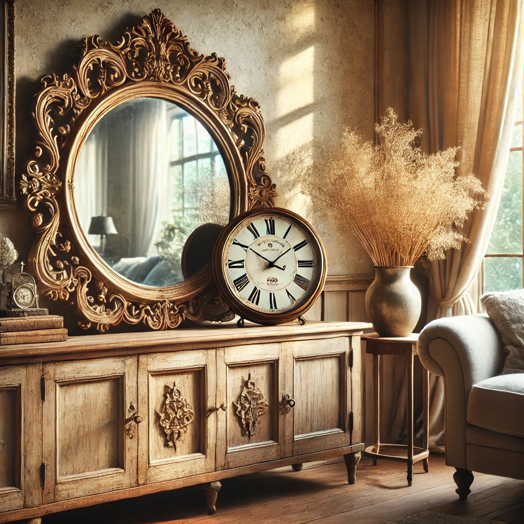 antique mirror and vintage clock on a rustic sideboard