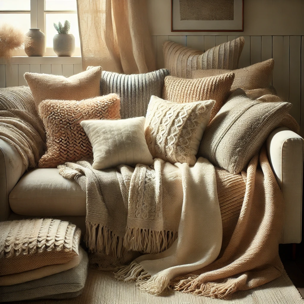  couch layered with soft throw blankets and pillows