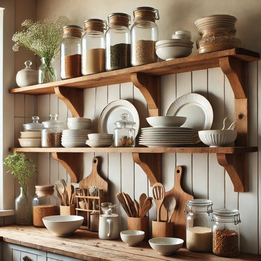 open kitchen shelves neatly arranged with dishes and jars