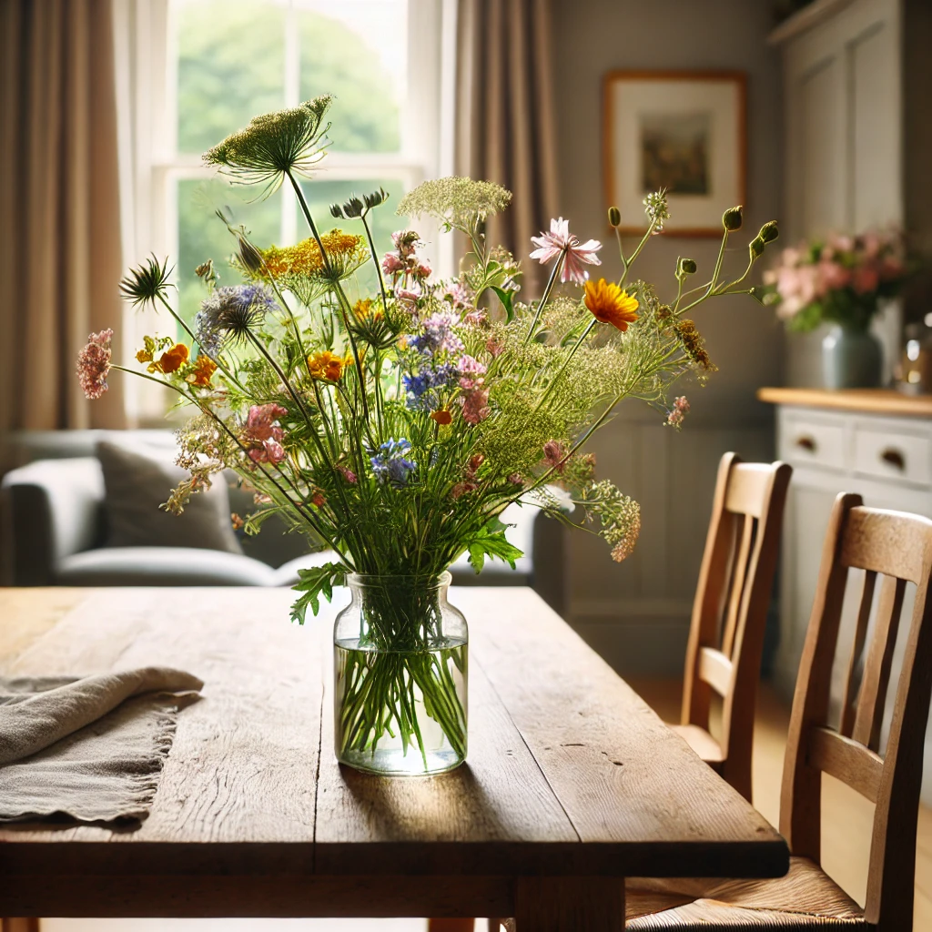  simple glass vase filled with fresh wildflowers on a wooden dining table