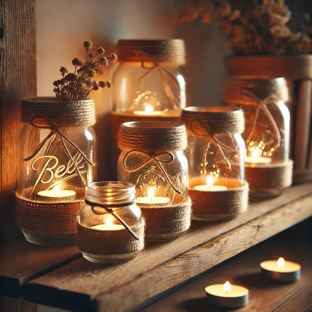 A cozy wooden shelf adorned with handmade mason jar lanterns