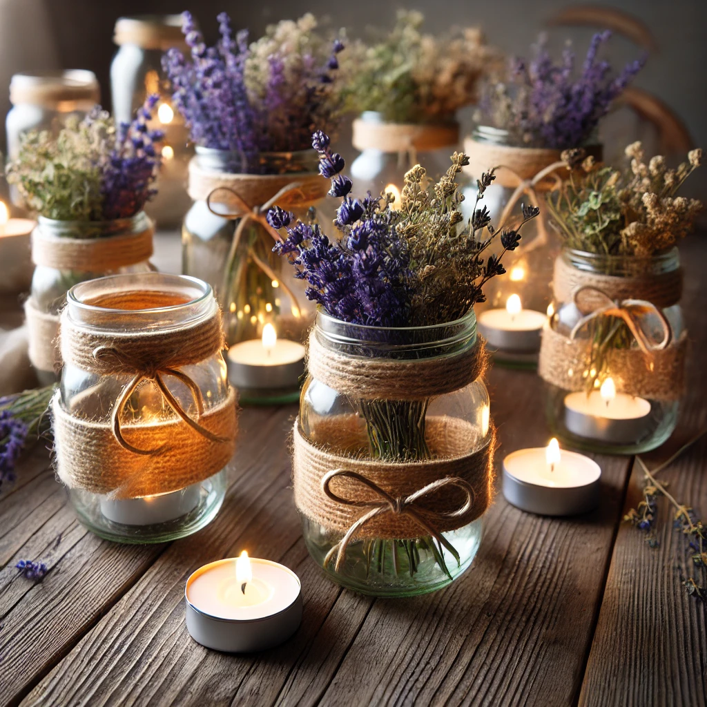 A collection of mason jar lanterns with twine and dried flowers on a wooden table