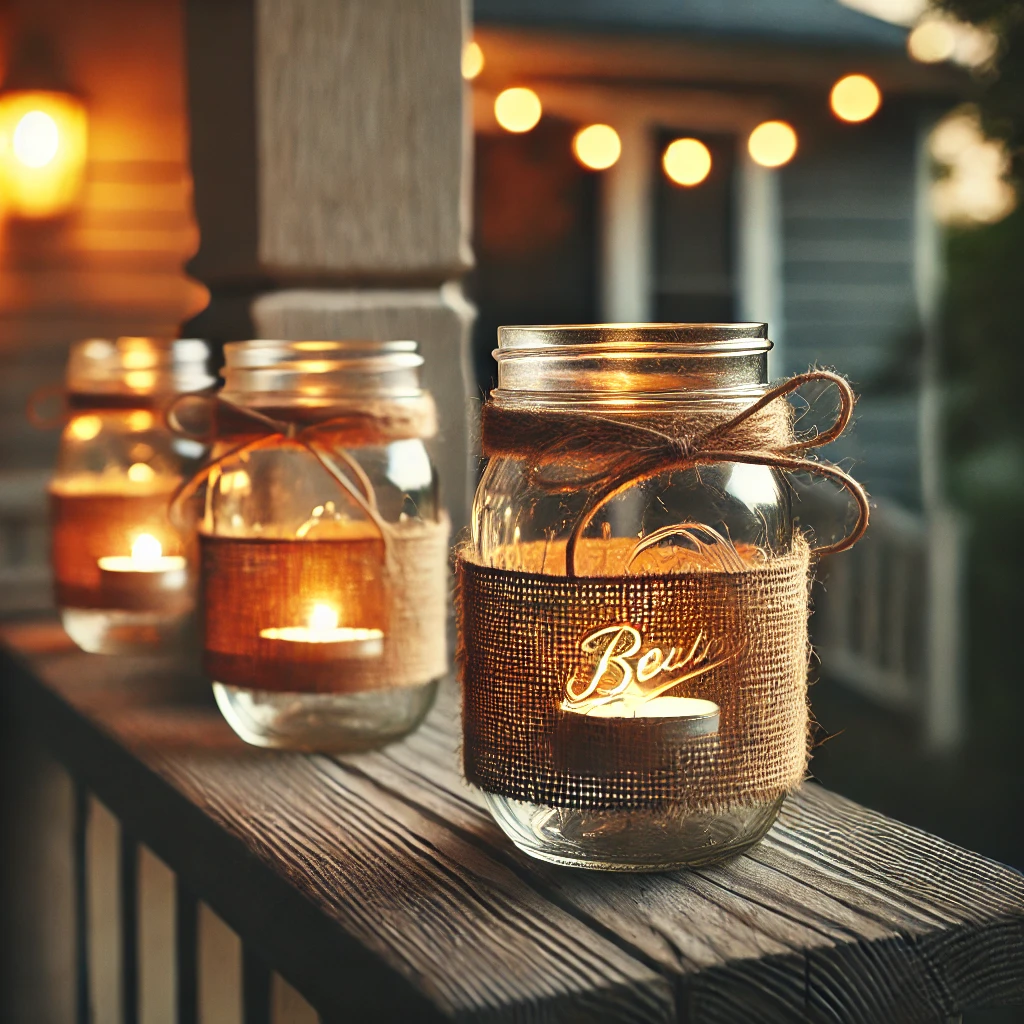 mason jar lanterns on a porch railing