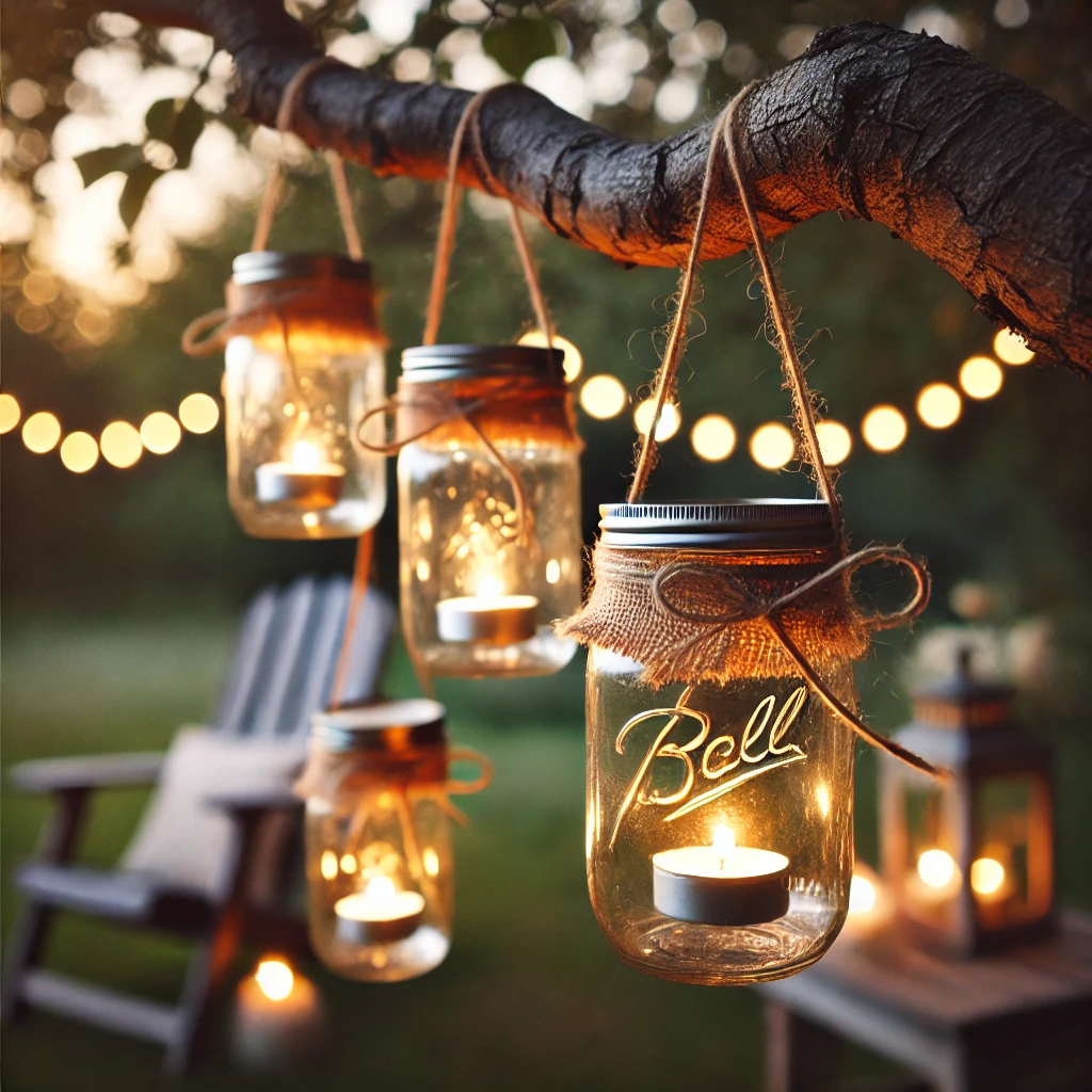 mason jar lanterns hanging from a tree branch