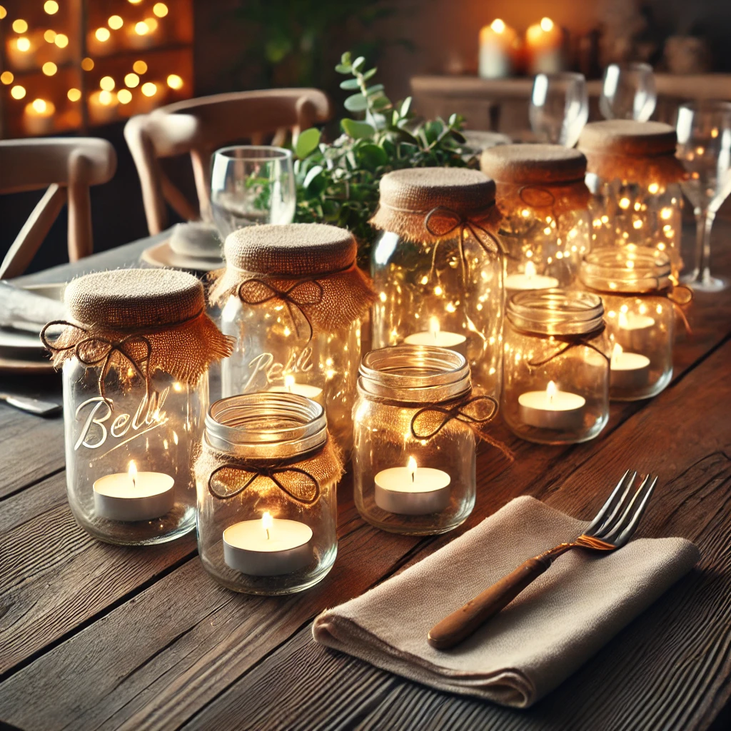 dining table setup with a collection of mason jar lanterns as a centerpiece