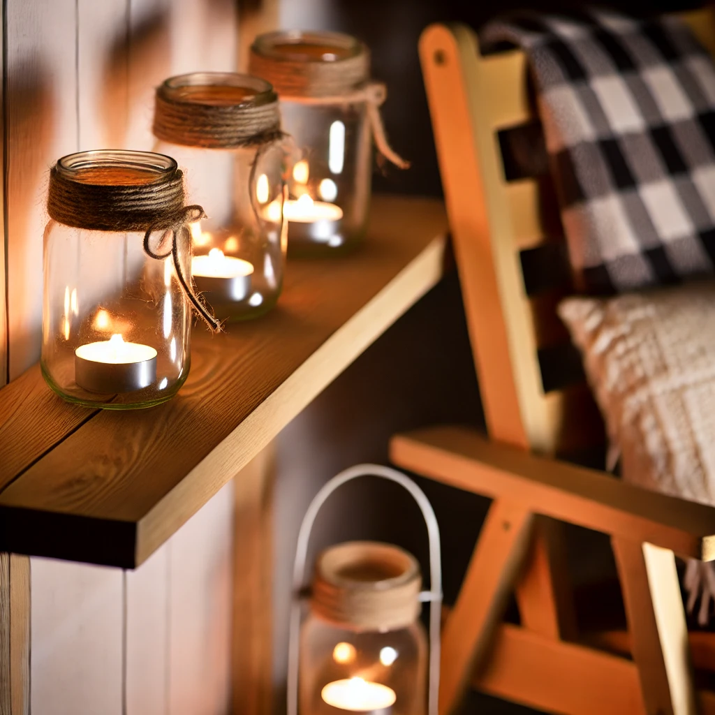 a cozy reading nook with mason jar lanterns on a wooden shelf