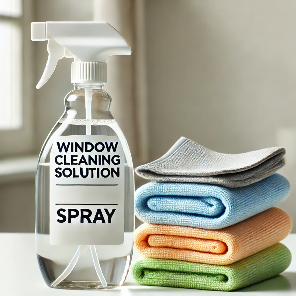 Spray bottle with window cleaning solution and microfiber cloths for streak-free window cleaning.