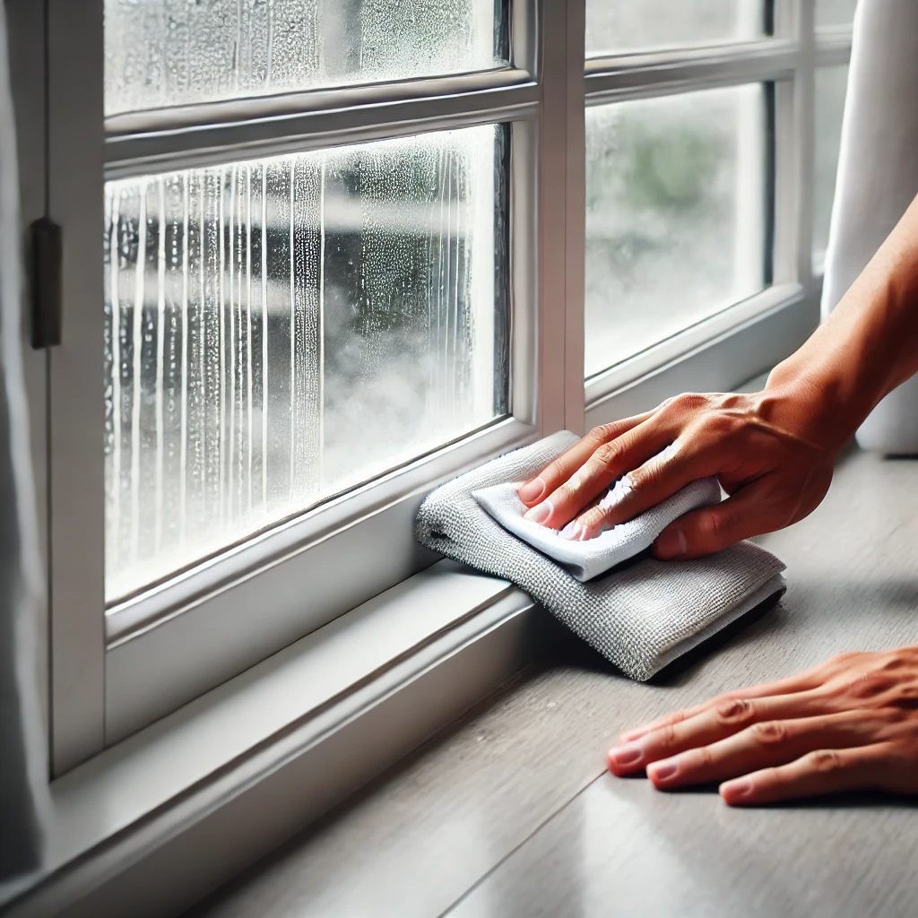 Person dusting window sills before cleaning to prevent dirt transfer.