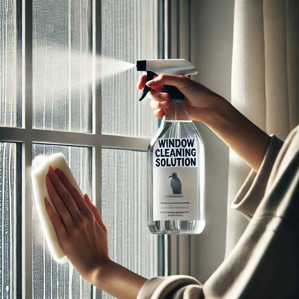 Spraying window cleaning solution on glass for a streak-free shine.