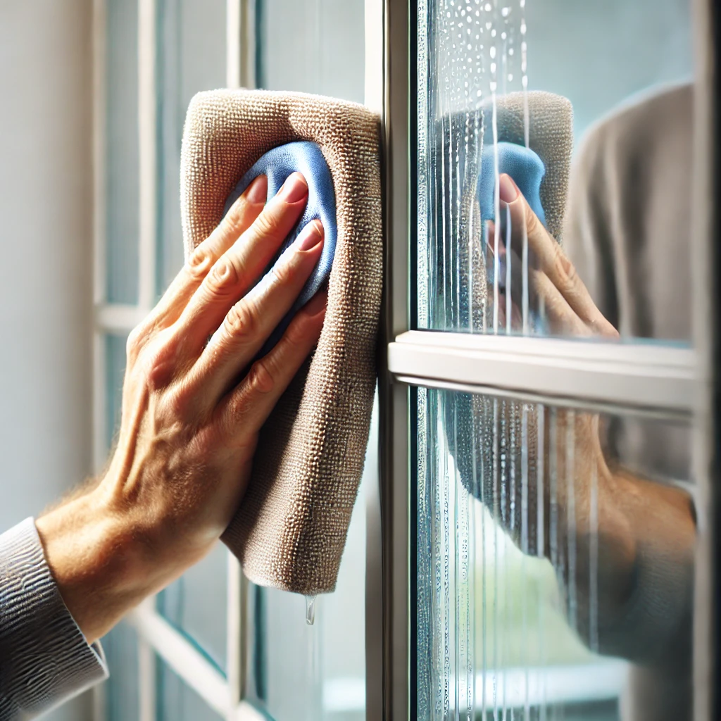 Buffing windows with a microfiber cloth to achieve a clear, streak-free finish.