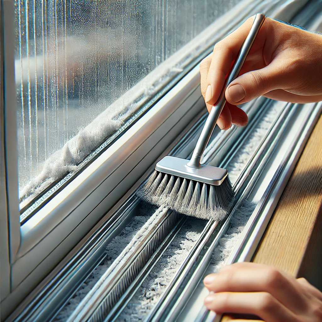 Cleaning window tracks with a small brush for a thorough clean.