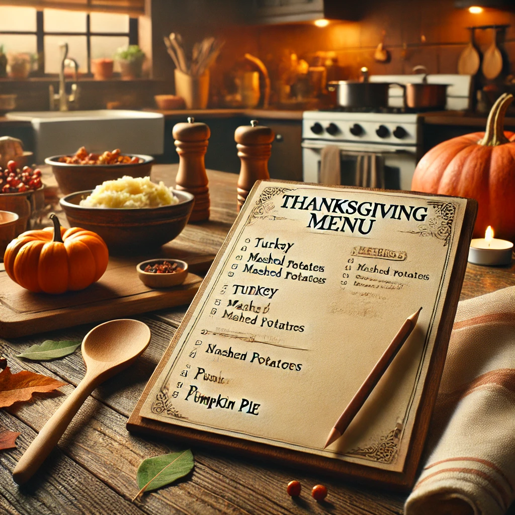 Notepad with a Thanksgiving menu list on a cozy kitchen table surrounded by fall ingredients and utensils.