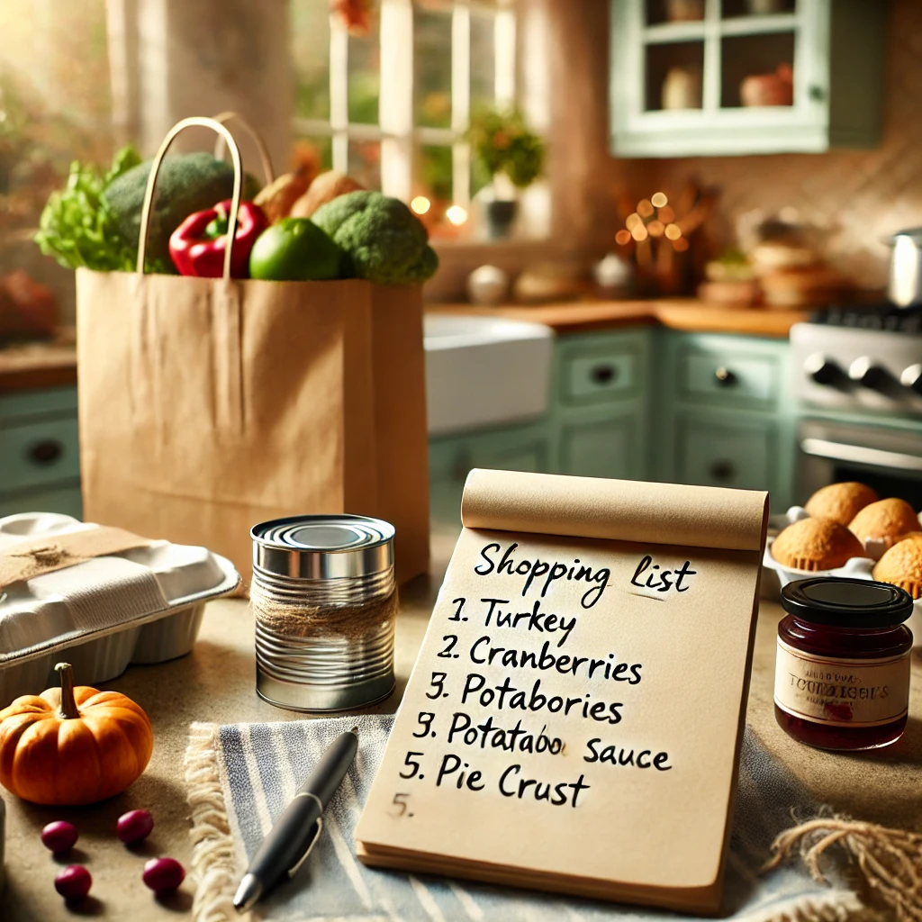 Handwritten shopping list for Thanksgiving, including turkey, cranberries, and potatoes, with grocery items on a kitchen counter.