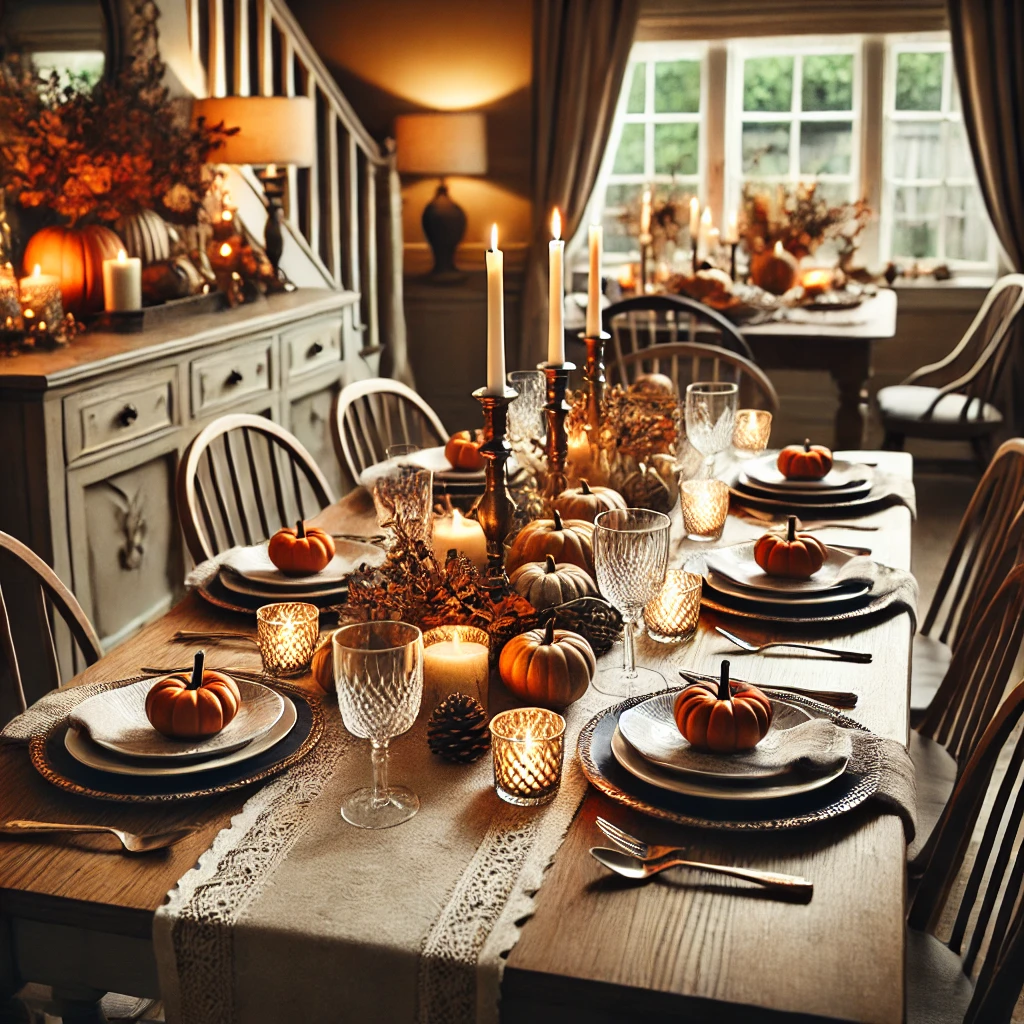 Elegant fall-themed Thanksgiving dinner table with pumpkins, candles, and autumn decor, set the night before.