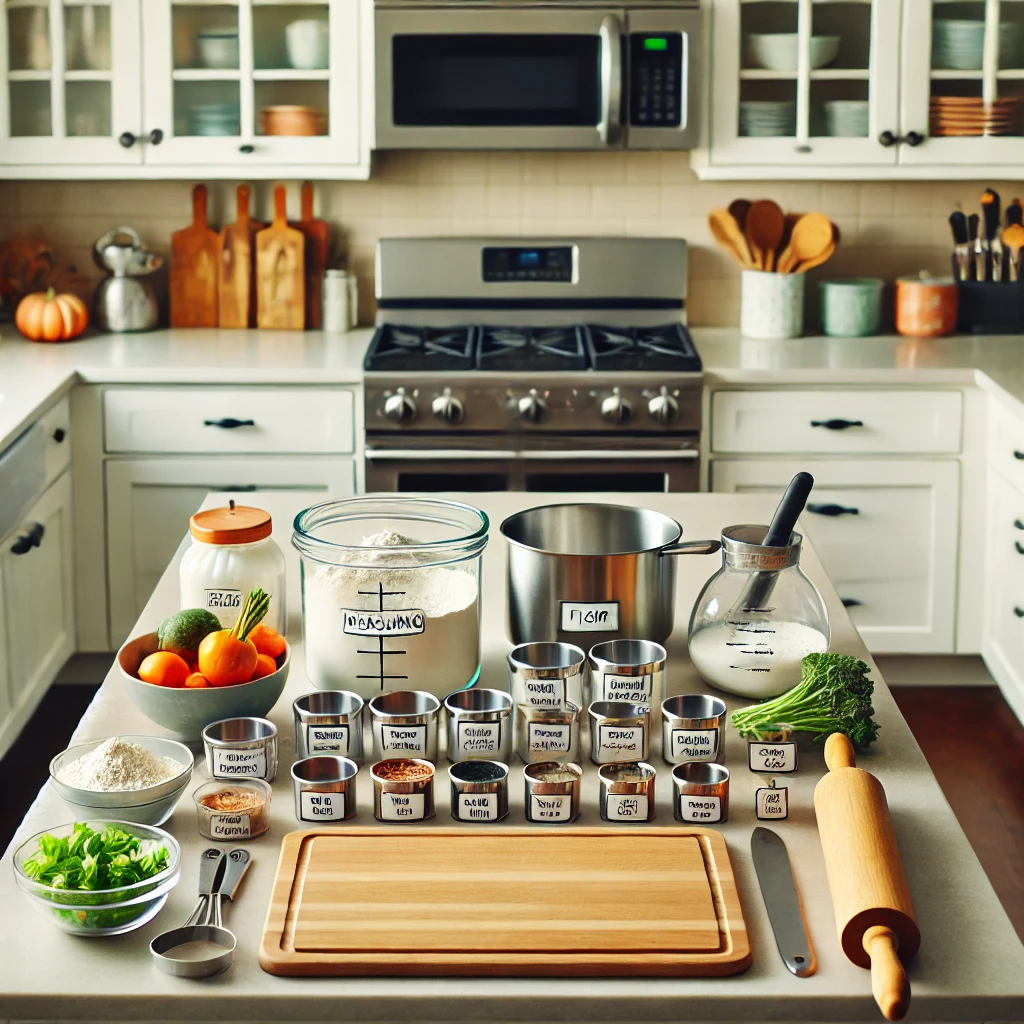 Organized kitchen counter with cooking tools, ingredients, and fall decor ready for Thanksgiving meal prep.