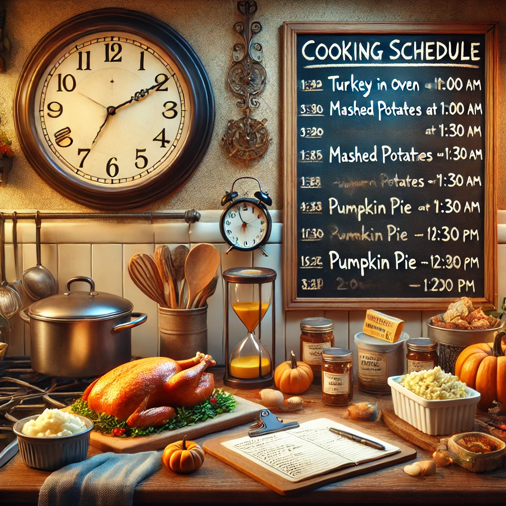 Kitchen with a clock, cooking schedule, and organized ingredients for a perfectly timed Thanksgiving meal.