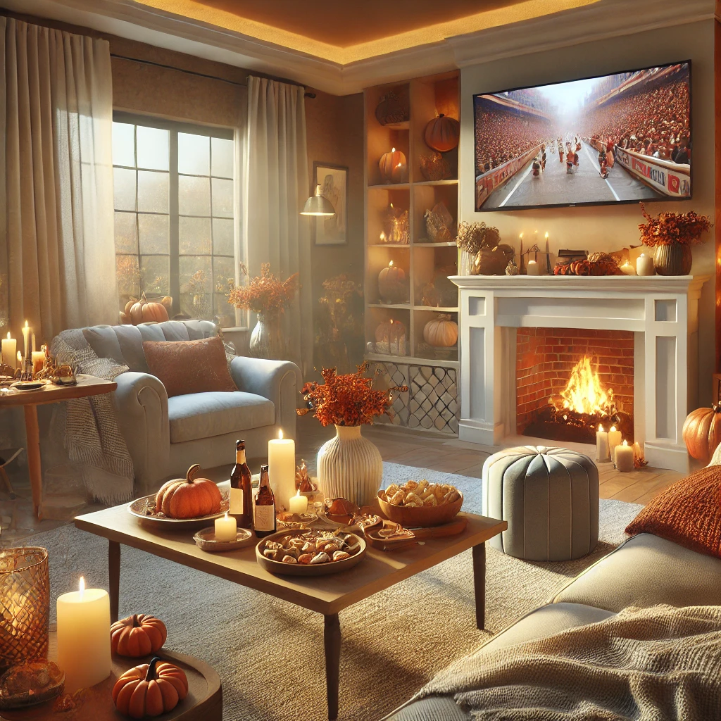 Cozy living room with fall decor, fireplace, and snacks, creating a warm atmosphere for Thanksgiving guests.