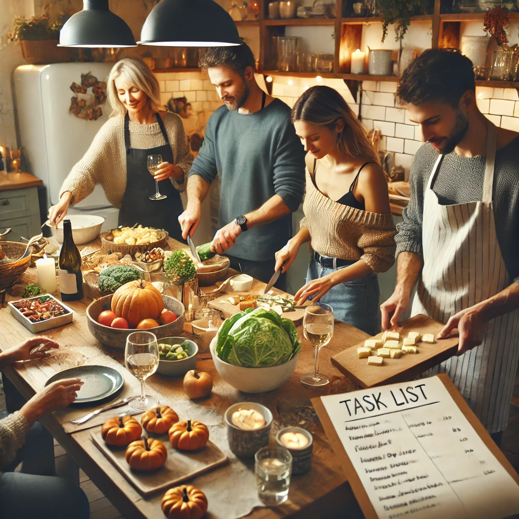 Family members working together in the kitchen, preparing Thanksgiving dinner with a visible task list.