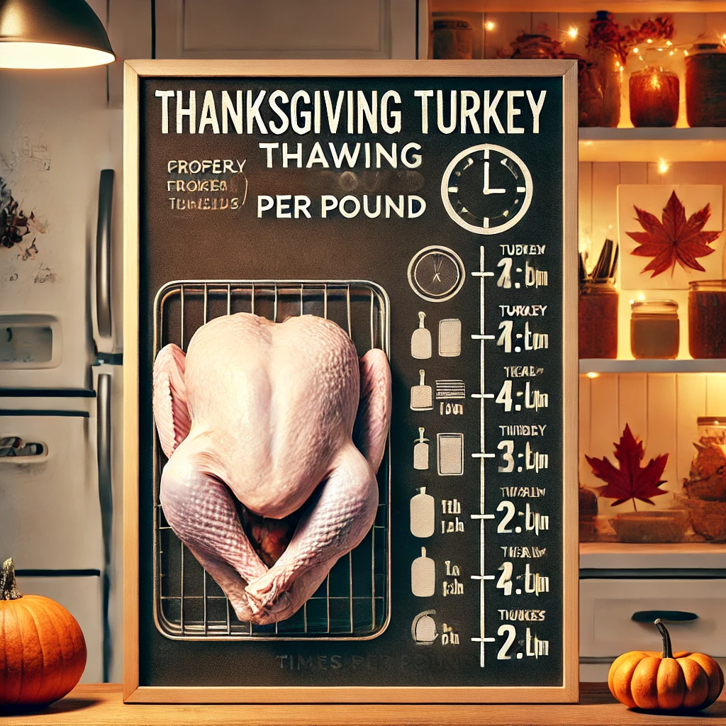 Visual guide for properly thawing a Thanksgiving turkey with thawing times based on weight