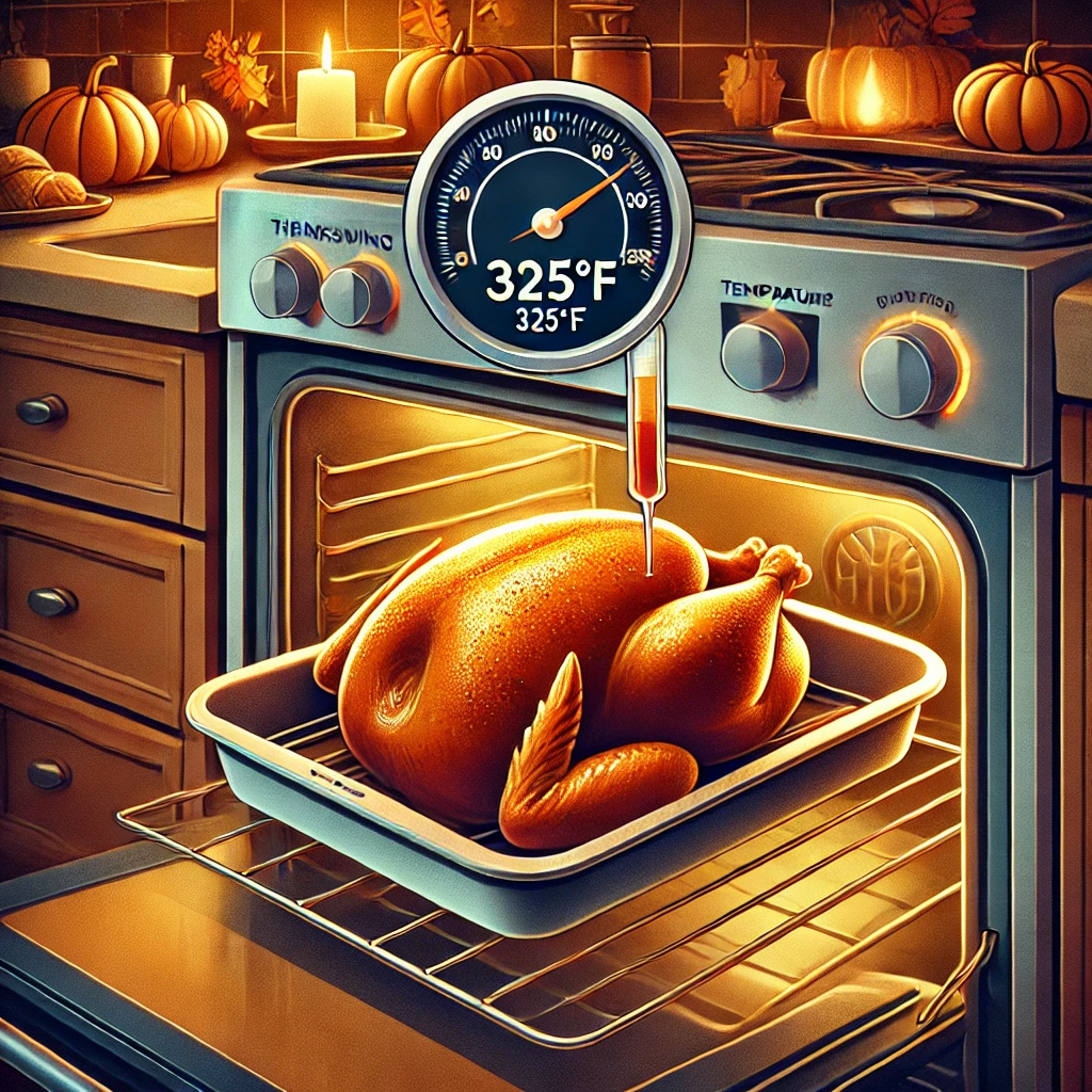 Roasting a Thanksgiving turkey at 325°F with a thermometer checking its internal temperature