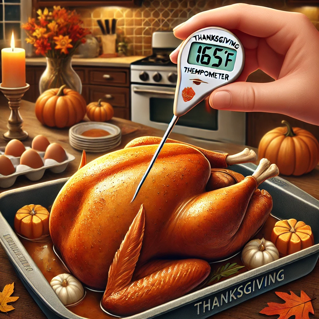 Checking a Thanksgiving turkey for doneness with a meat thermometer reading 165°F