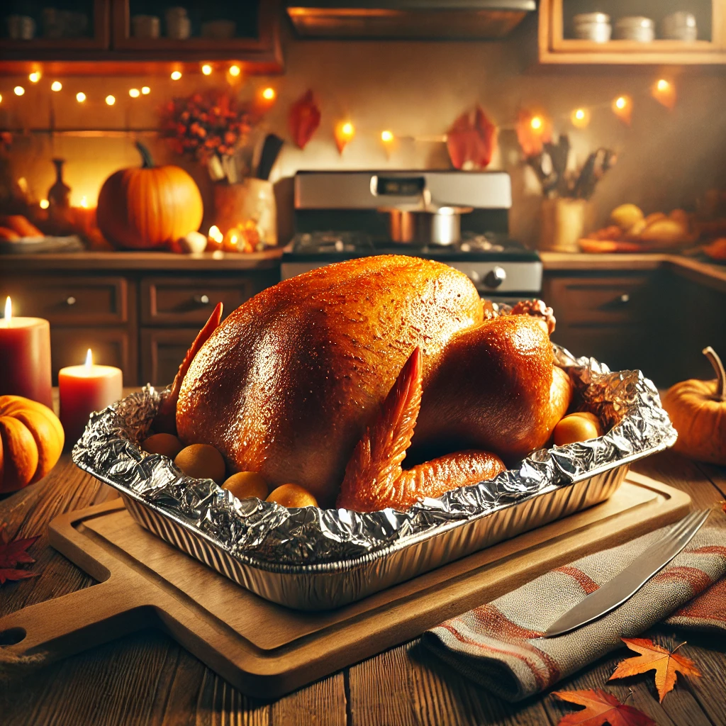 Thanksgiving turkey resting on a cutting board, loosely covered with aluminum foil