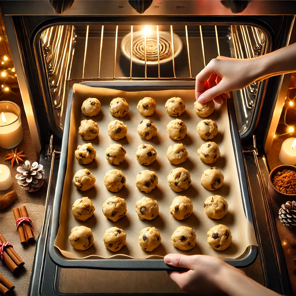 Placing chilled cookie dough on a baking sheet into the oven for baking