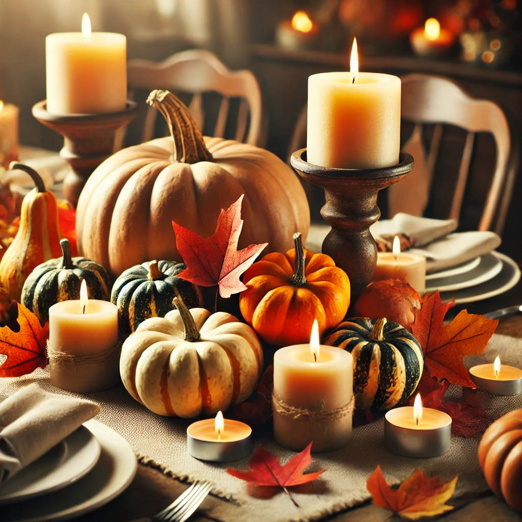 Thanksgiving table centerpiece with pumpkins, candles, and autumn leaves