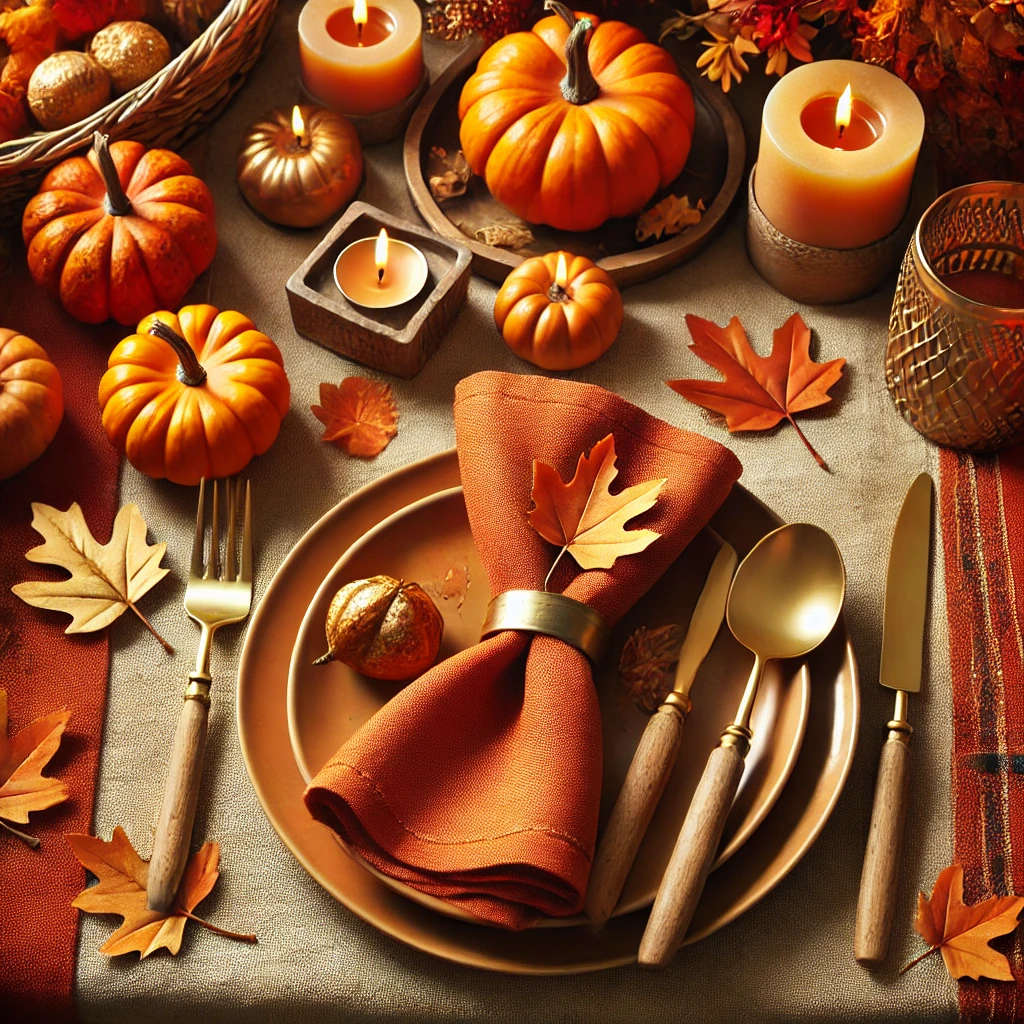 Cozy Thanksgiving table with burnt orange napkins, gold cutlery, and fall-themed dishes