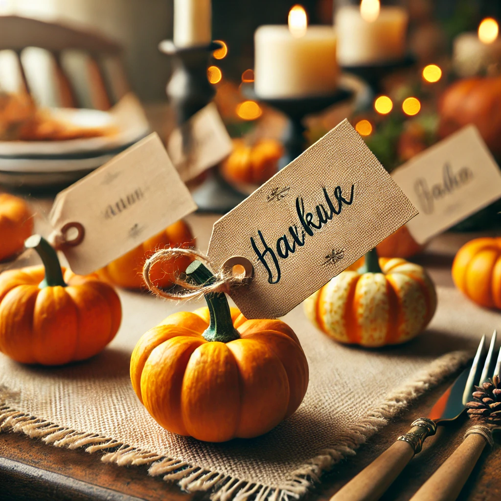 DIY Thanksgiving place cards with mini pumpkins and craft paper name tags