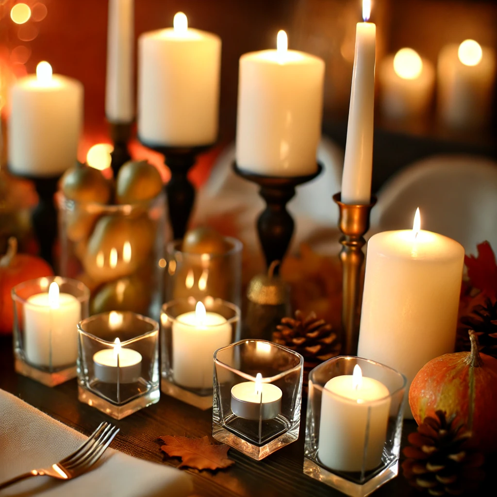 Thanksgiving table illuminated by candles in glass votives and taper candles