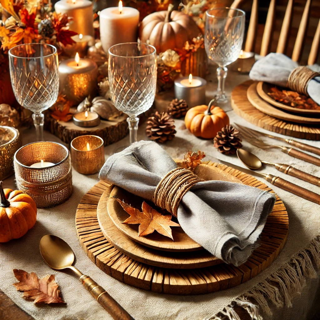 Thanksgiving table with wooden chargers, metallic cutlery, and linen table runners for a layered look