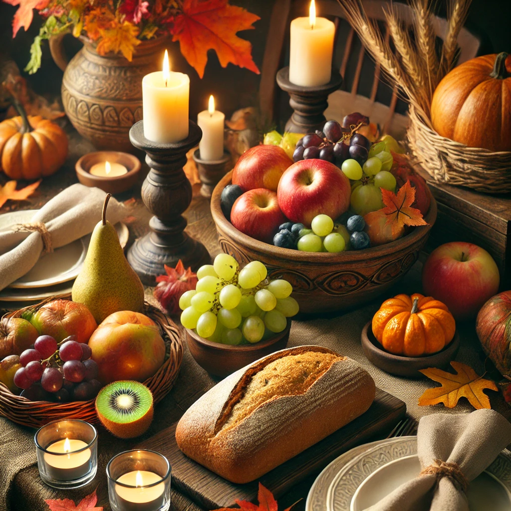 decorated with fresh fruits and bread as part of the spread