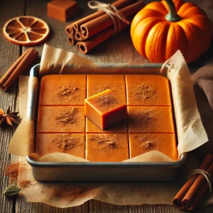 A square batch of pumpkin spice fudge topped with cinnamon in an 8x8-inch pan, cozy fall-themed dessert.