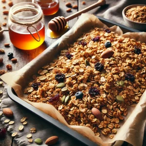 Homemade granola with oats, nuts, seeds, and dried fruit spread on a parchment-lined baking sheet, with honey and a spoon beside it, set in a rustic kitchen.