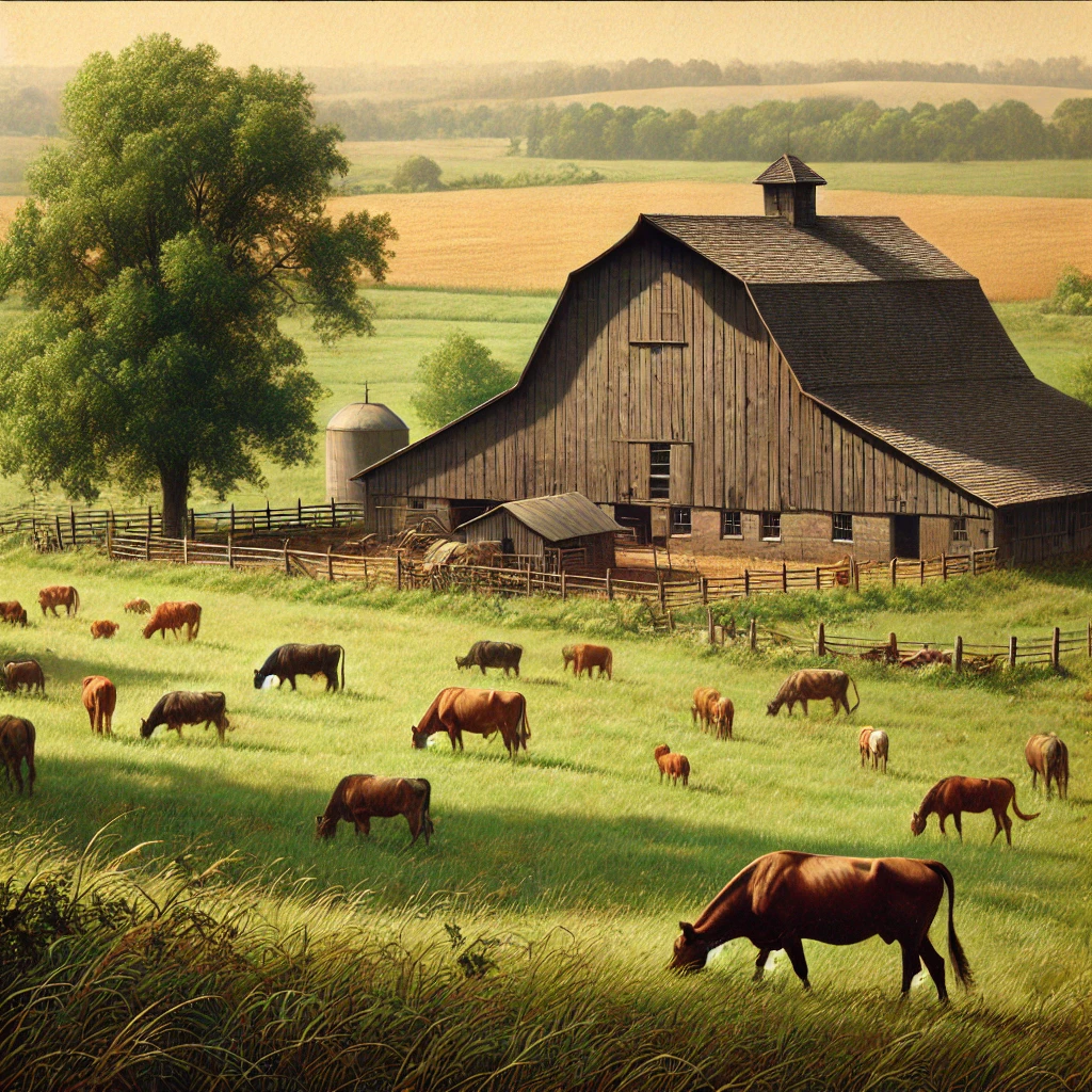 Serene farmstead with a rustic barn and grazing animals in a peaceful rural landscape.