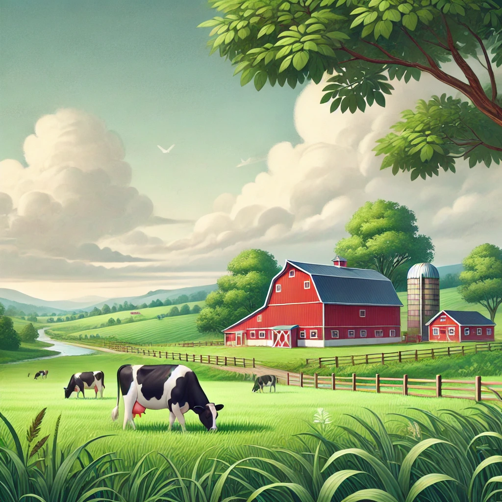 A peaceful farm scene showing a red barn in the distance, symbolizing the simplicity of farm life.