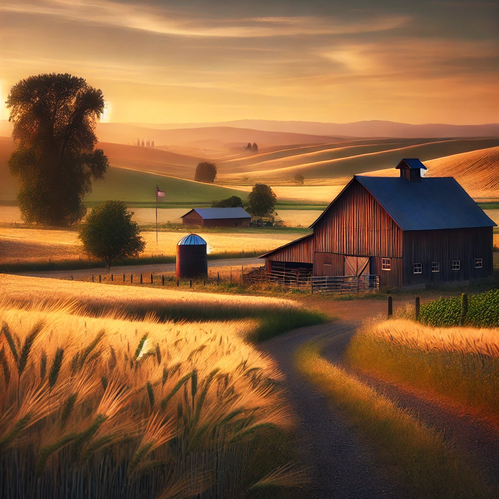 A tranquil farm scene at dusk with a rustic wooden barn and golden fields.