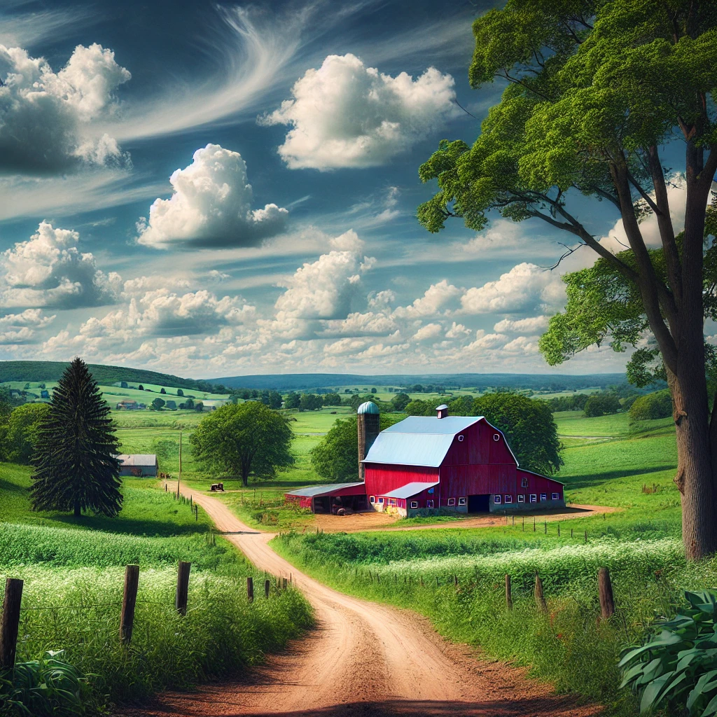 A peaceful farm scene with a vibrant blue sky and a barn in the background