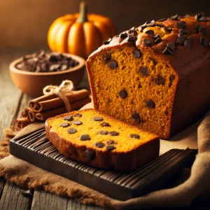 A freshly baked loaf of chocolate chip pumpkin bread sliced on a wooden board, with a cozy fall setting and scattered chocolate chips.