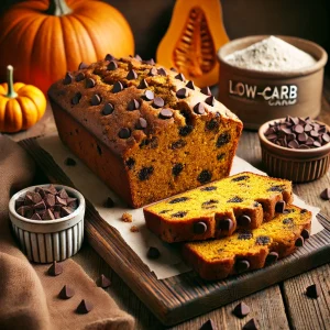 A sliced loaf of low-carb chocolate chip pumpkin bread on a wooden board with chocolate chips and pumpkin, perfect for a cozy fall treat.