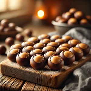 buckeye chocolate peanut butter balls arranged on a rustic wooden tray