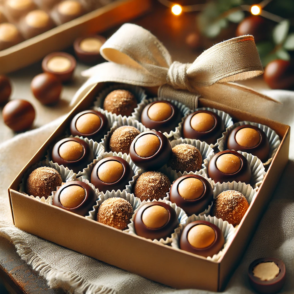 Small gift box filled with buckeye chocolate peanut butter balls