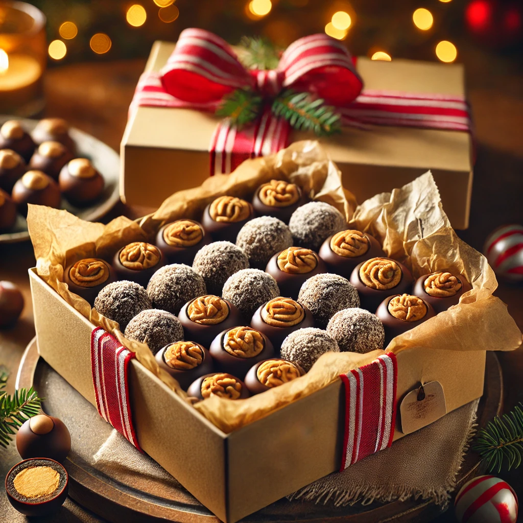 holiday gift box filled with homemade buckeye chocolate peanut butter balls