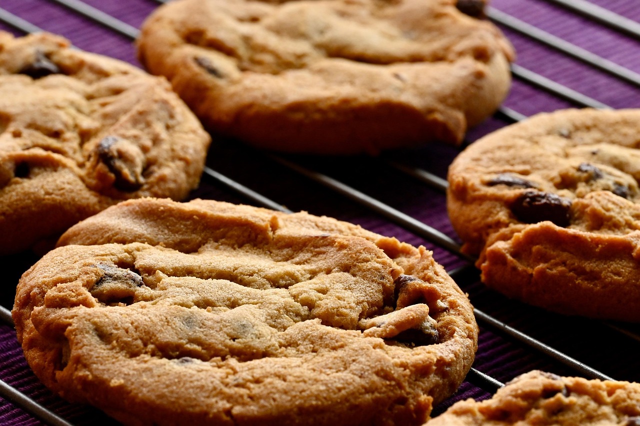 chocolate chip cookies cooling on a baking rack