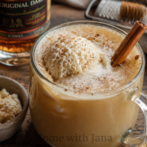 Creamy hot buttered rum in a clear glass mug topped with melting vanilla ice cream, a cinnamon stick, and freshly grated nutmeg on a rustic wooden table with a small bowl of buttered rum mix and a bottle of rum nearby.