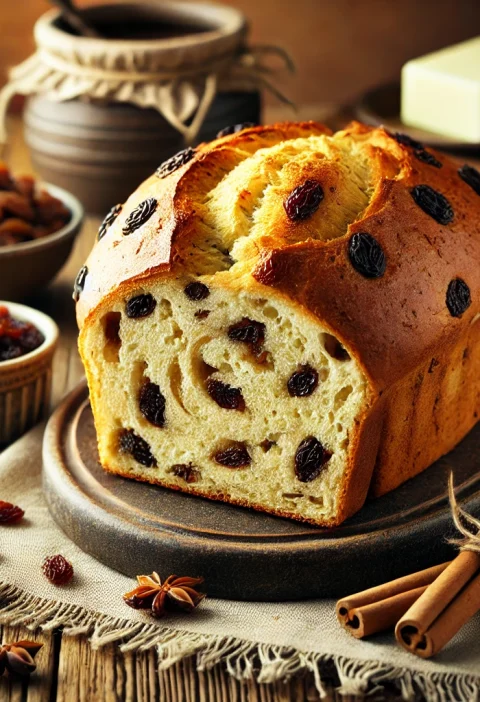 Golden-brown cinnamon raisin bread loaf with a soft swirl of cinnamon filling, freshly sliced and placed on a wooden board.